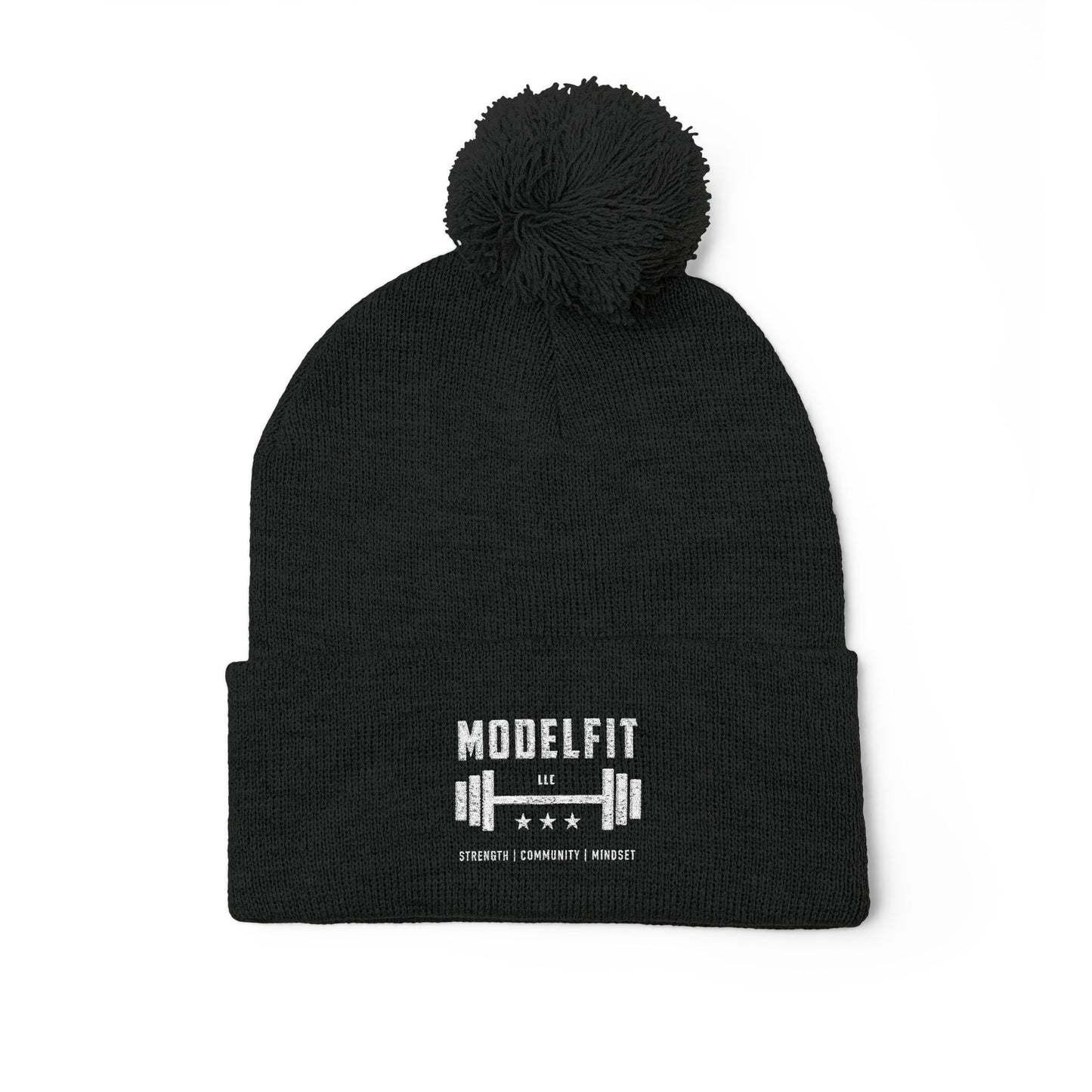 Pom-Pom Knit Cap — 'Modefit' Embroidered Fitness Beanie