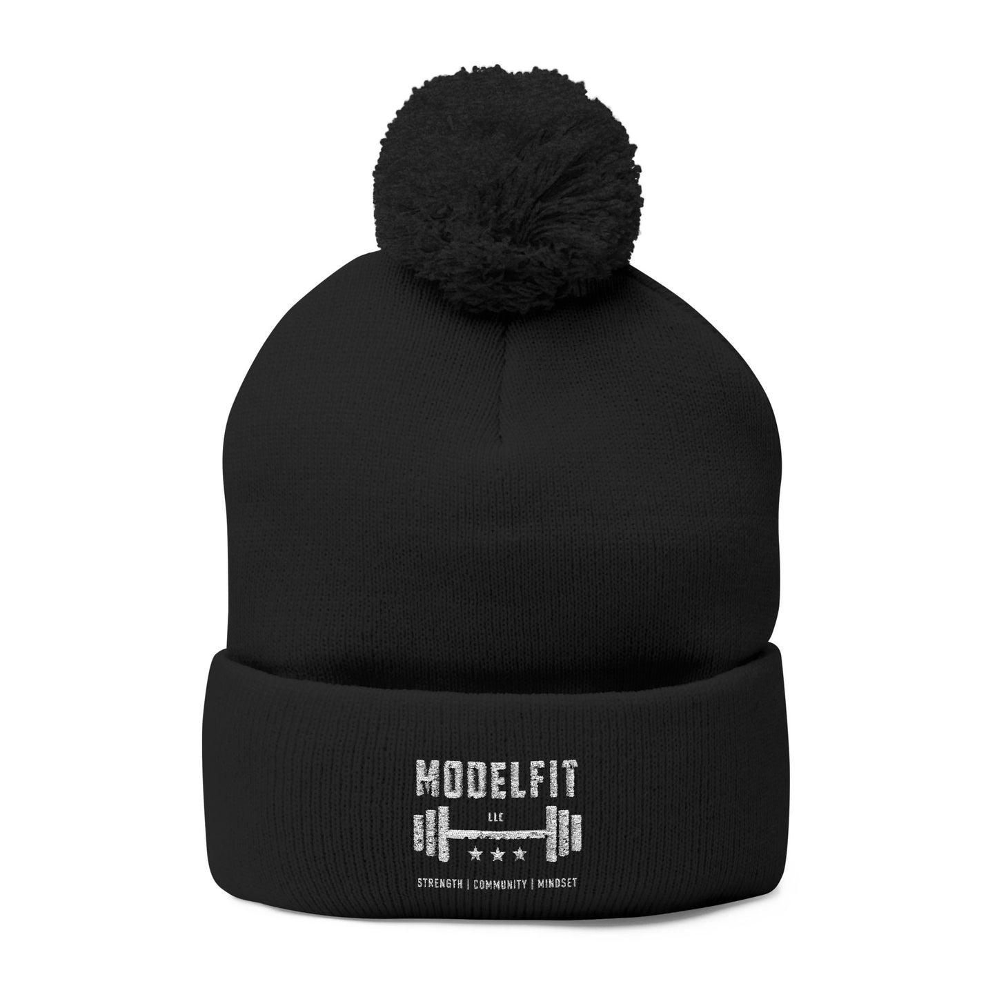 Pom-Pom Knit Cap — 'Modefit' Embroidered Fitness Beanie